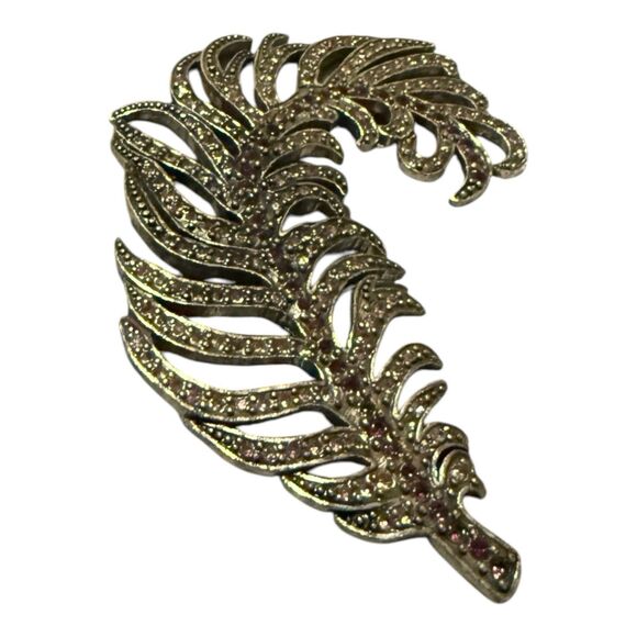 Vtg H.D. Merritt & Co Brooch Feather Silver Tone With Pink And White Rhinestones - Picture 2 of 4
